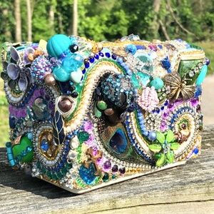 OOAK Artisan Unique Collage Mosaic Rhinestones/Bead VTG Jewel Encrusted Planter